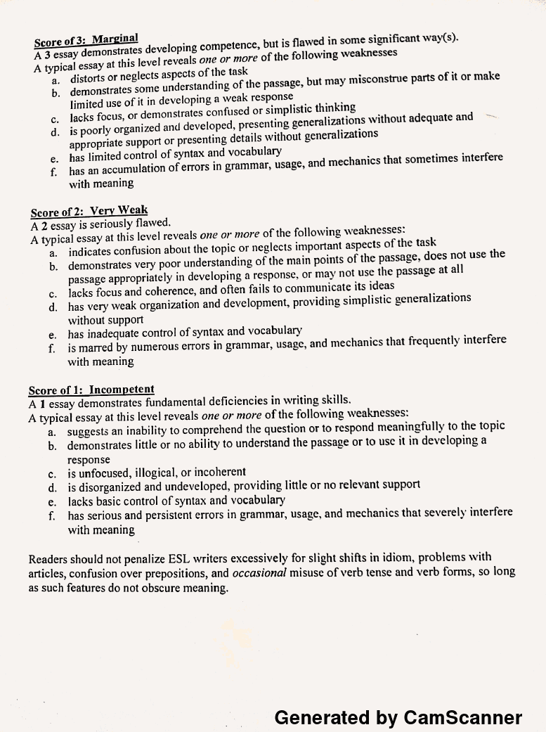 Holistic rubric for essays