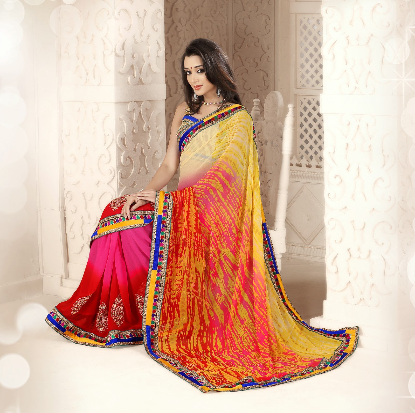 yellow and red designer party wear saree