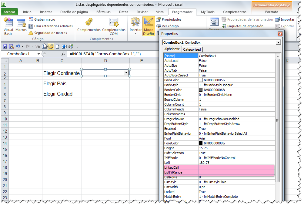 Listas desplegables dependientes con combobox JLD Excel en Castellano