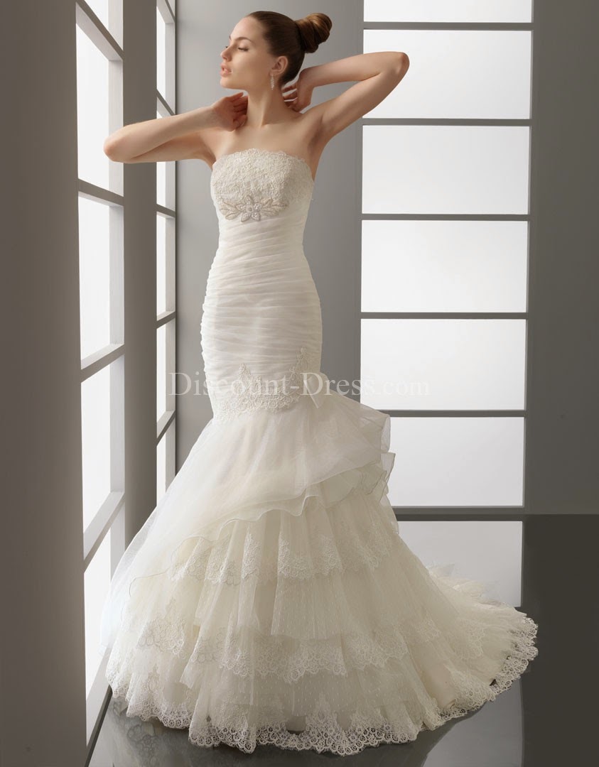 Fashion Tulle Strapless Mermaid Floor Length Wedding Dress