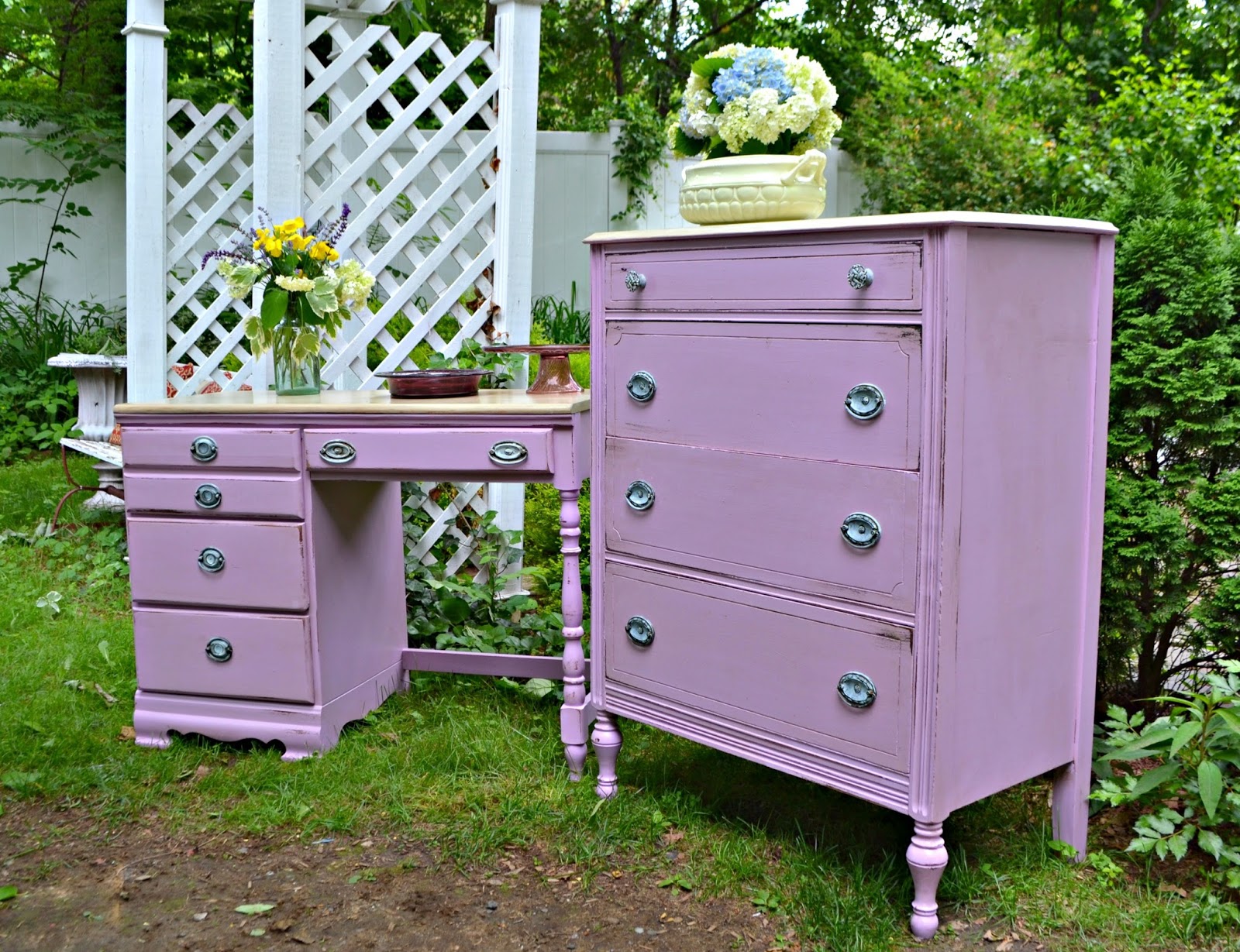 Heir and Space: A Vintage Desk and Antique Dresser in Pale Lilac
