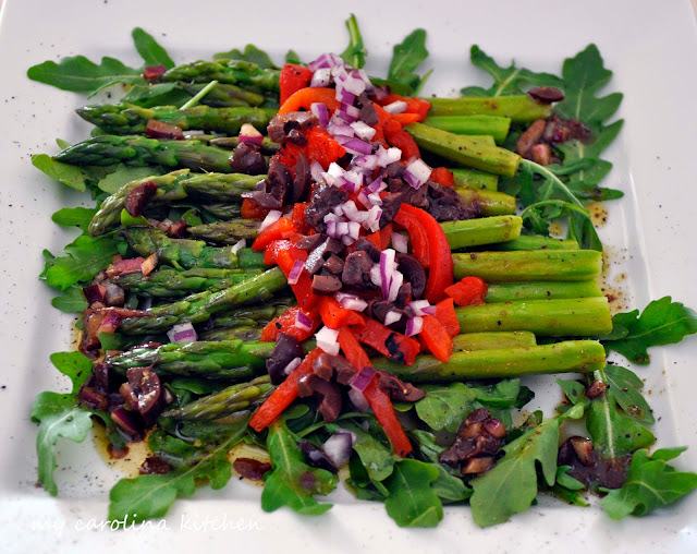 My Carolina Kitchen Asparagus Salad on a Bed of Arugula with Roasted
