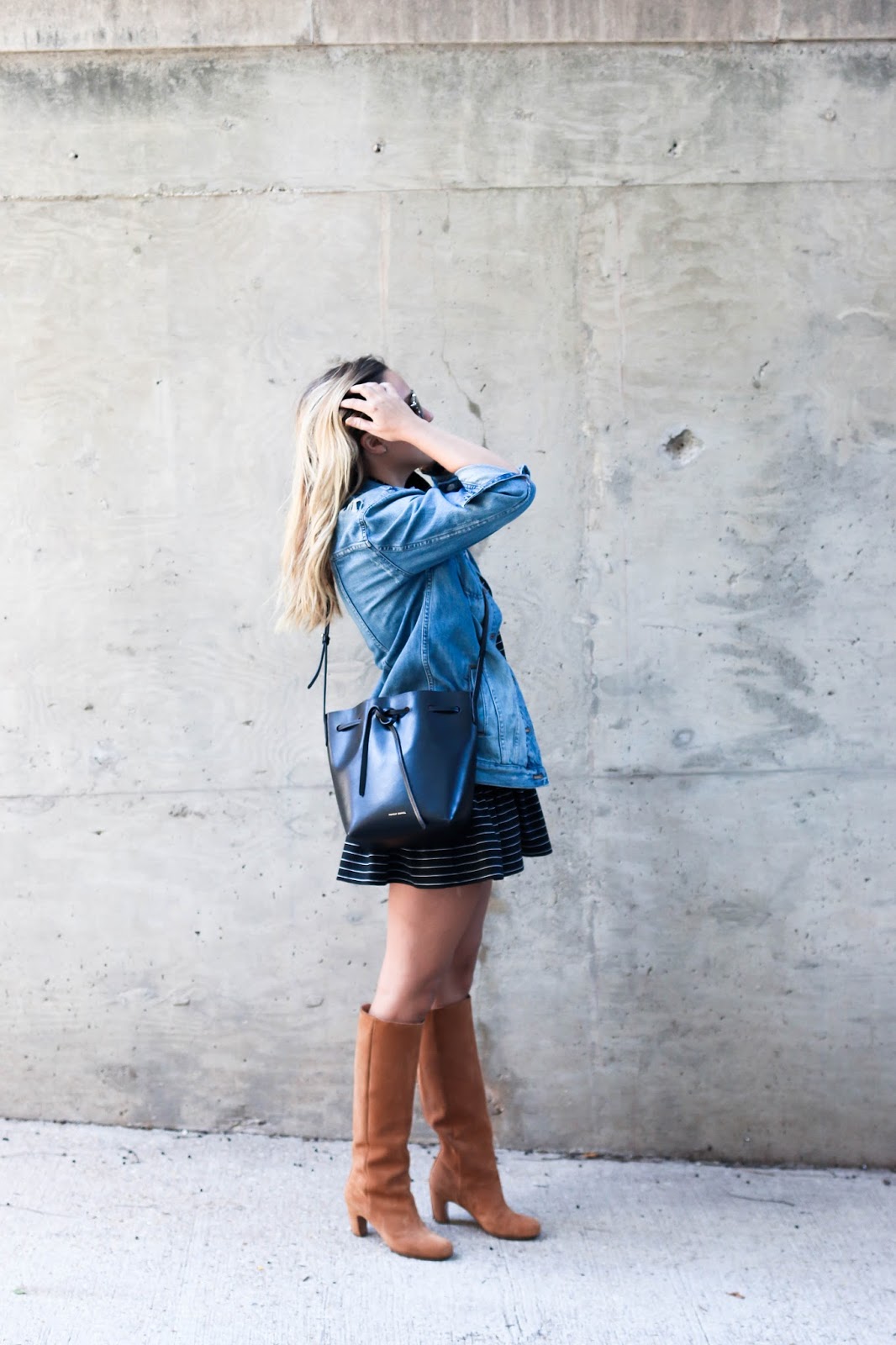 fifth label, dress, madewell, denim, jacket, camel, boots, mansur gavriel bucket bag, style, blog, blogger, dc, fashion