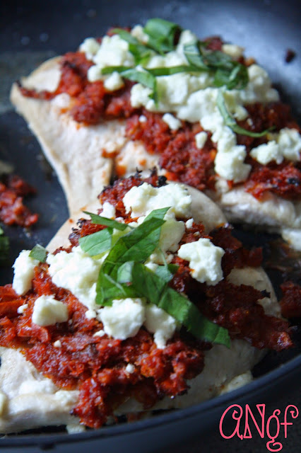 Salty feta crumbled over gluten free sun-dried tomato chicken from Anyonita-nibbles.co.uk