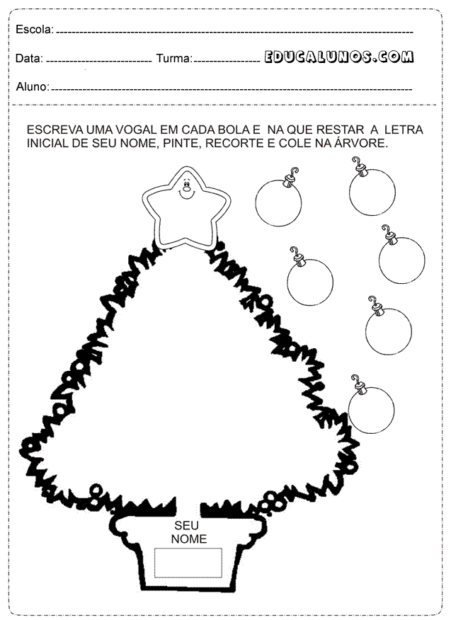 Escreva as vogais nos enfeites de natal