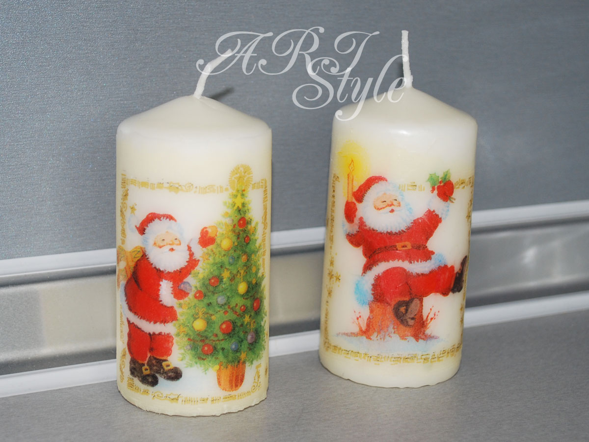 ARI Style handmade art Set of 2 Christmas decoupage candles