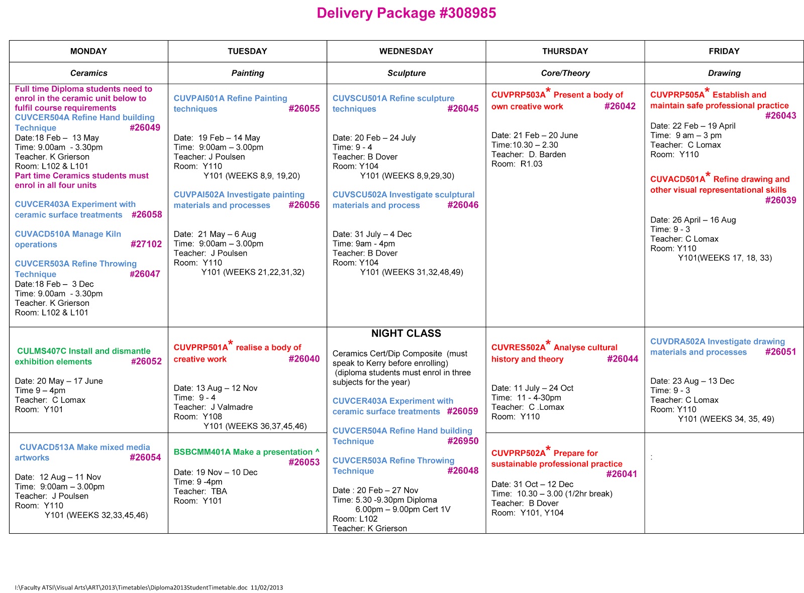 TNQT Visual Arts DIP TIMETABLE
