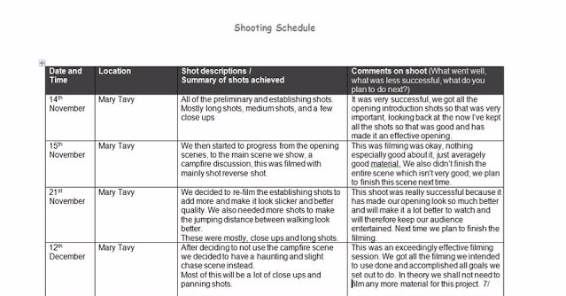 shooting schedule