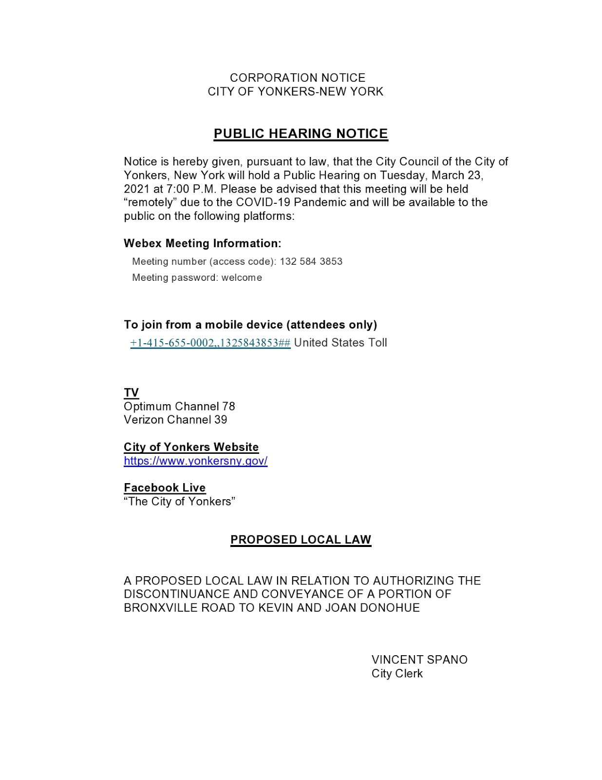 City of Yonkers Legal Notice.
