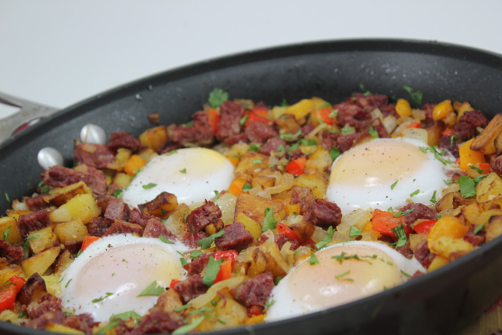 Thyme In Our Kitchen Emeril's OnePot Blogger Party Baked Eggs with Corned Beef Hash