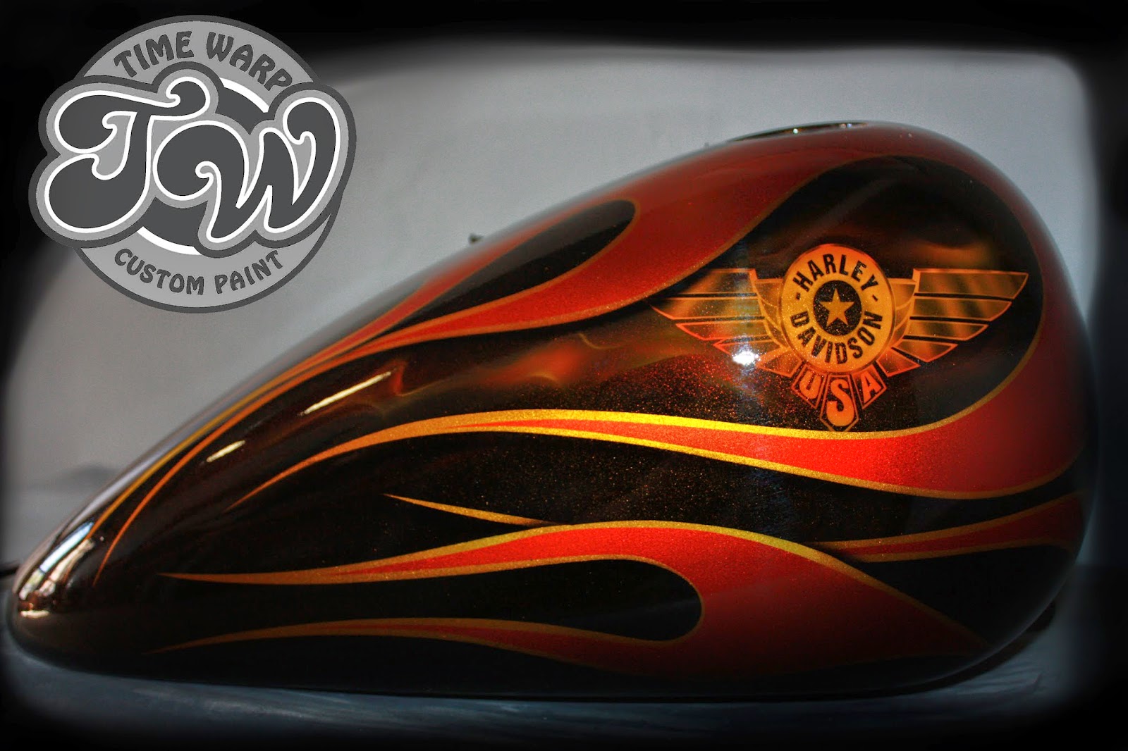Online Motorcycle Paint Shop Orange and Gold Flames with logos