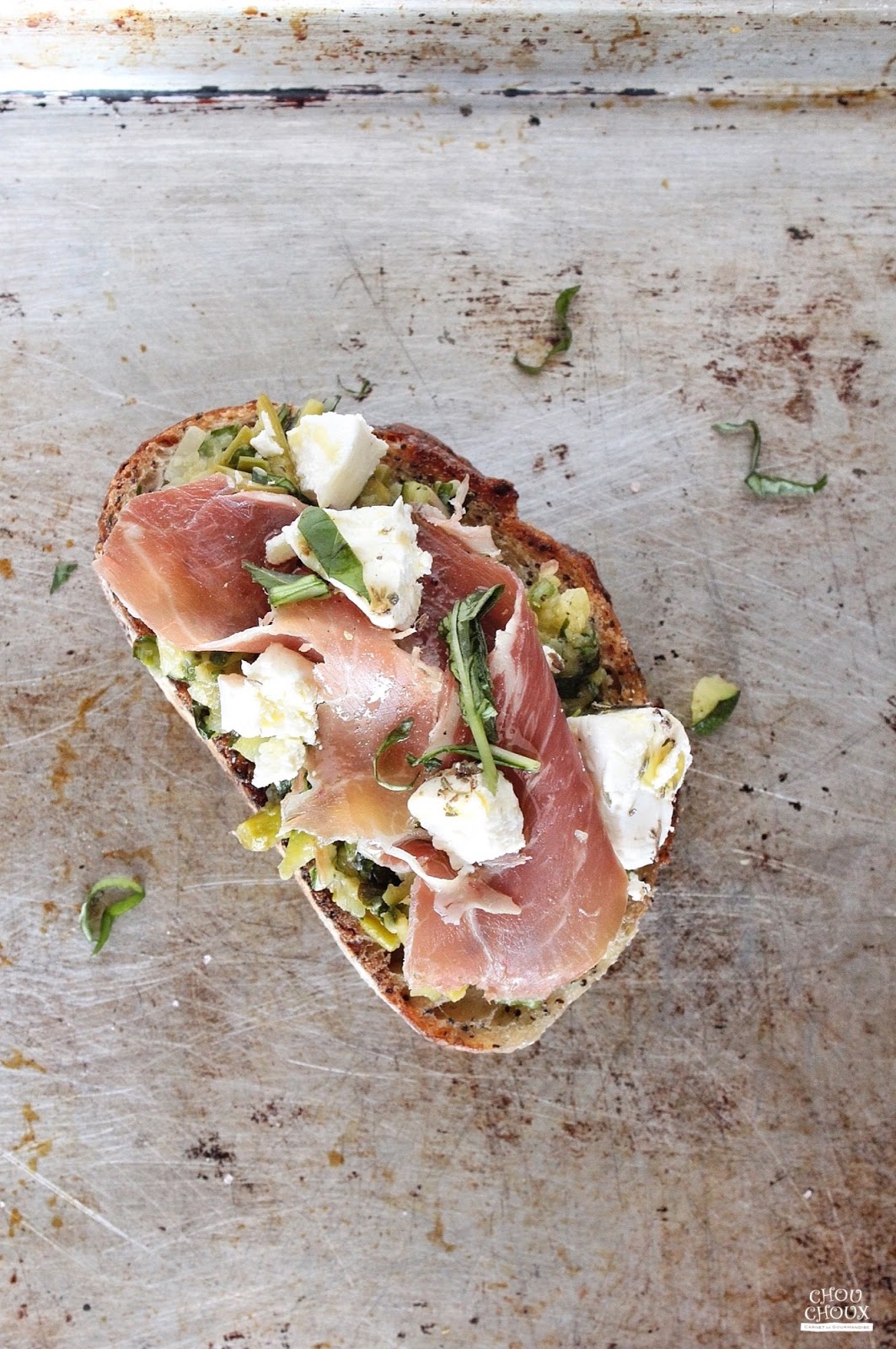 My Chouchoux Asparagus & Zucchini Tartine with Poached Egg, Cheese