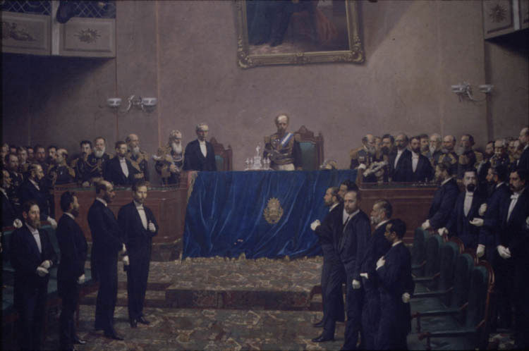 El presidente Julio Argentino Roca inaugura el período legislativo del año 1886.