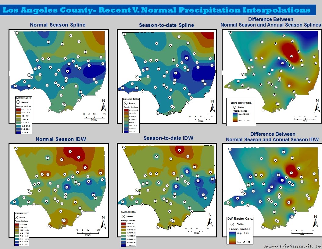 for the los angeles recent v normal precipitation analysis i conducted idw and spline interpolations of the two functions i felt the idw technique was for the los angeles recent v normal precipitation analysis i conducted idw and spline interpolations of the two functions i felt the idw technique was