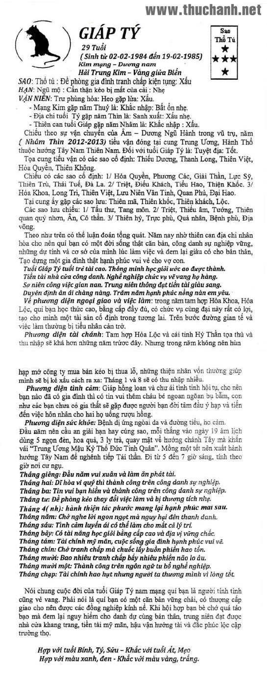 GIÁP TÝ NAM MẠNG NĂM NHÂM THÌN 2012