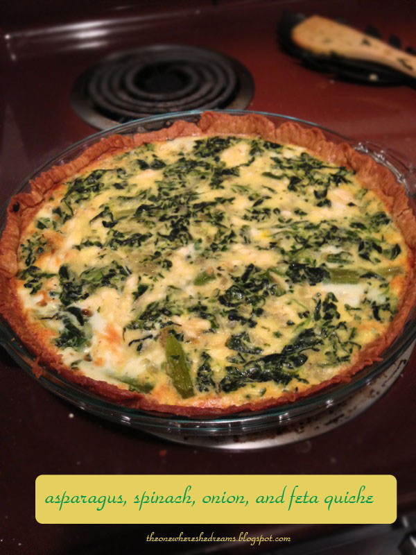 The One Where She Dreams asparagus, spinach, onion, and feta quiche