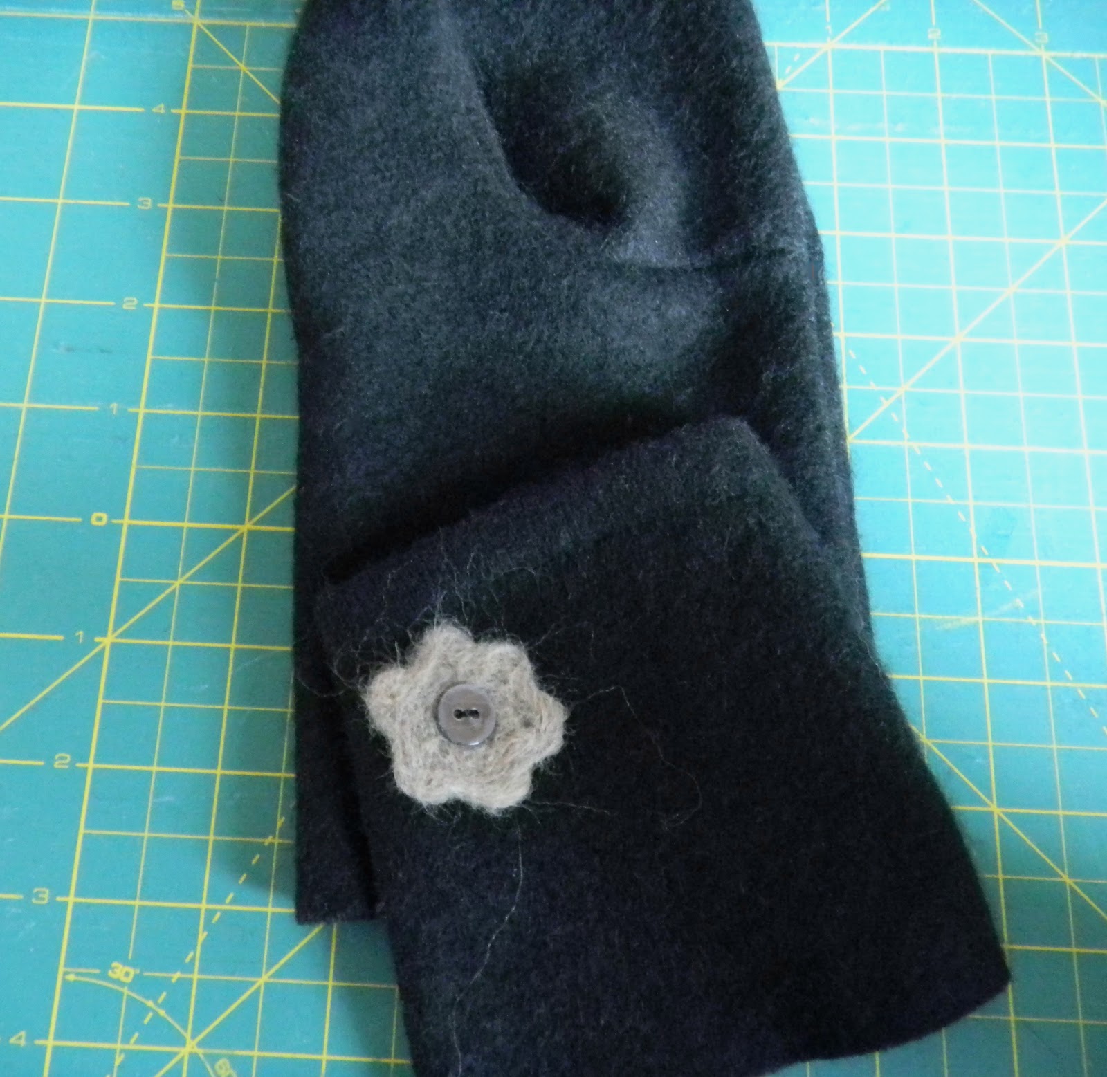 sweater wool recycled cuff mittens attached punched needled flower gloves
