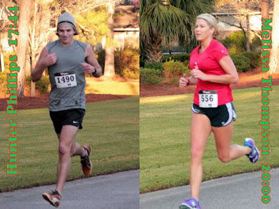 Hunter Phillips (1st, 17:44) and Melissa Thompson (6th, 20:00), the overall male and female winners of the fifth annual Thomasville, Georgia, Red Nose Run 5K on Saturday morning, 12 December 2015. Hunter Phillips, Melissa Thompson