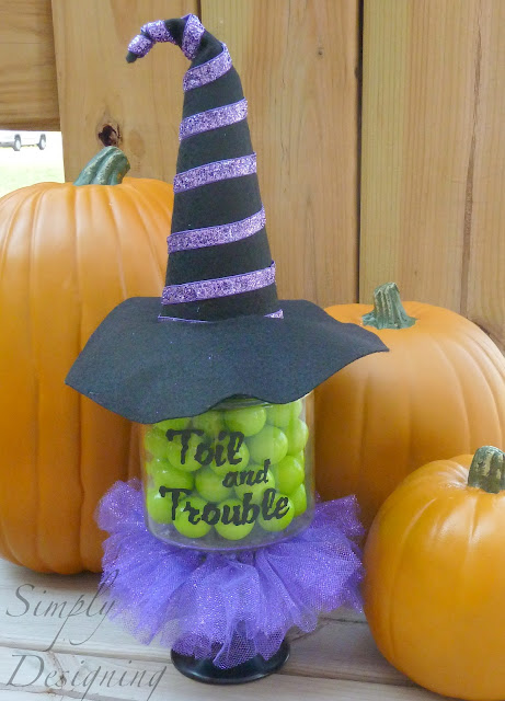 Wickedly Witchy Candy Jar - Toil and Trouble - tutorial on how to make this really cute witch-inspired pedestal candy jar - perfect for Halloween | Simply Designing | #witch #halloween #candy #diy #craft