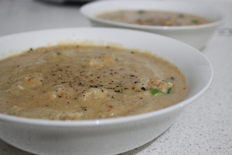 More than Words Cauliflower Nut Butter Chicken Dumpling Soup