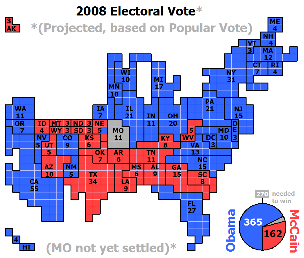 cartogram of the projected 2008 electoral vote for us president based on popular vote with each square representing one electoral vote cartogram of the projected 2008 electoral vote for us president based on popular vote with each square representing one electoral vote