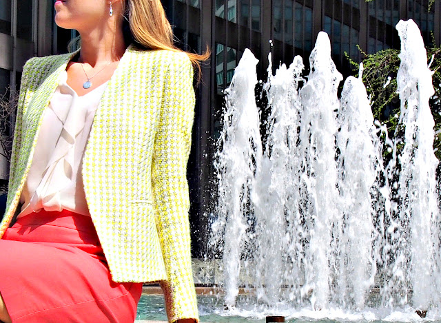 Lime Ivory Grey Tweed theory blazer ann taylor ruffle cascading silk sheerblouse camisole coral pink salmon j. crew skirt cotton white pumps heels pointed toe pointy metallic michael kors silver sterling monogrammed monogram jewelry bracelet necklace ring rings teardrop ralph lauren earrings blonde hair fountain park avenue office building midtown new york the classy cubicle fashion blog for young professional women females woman girls 20s 30s 40s appropriate work wear office attire outfits professional corporate suit do's and don'ts crimes top ten day to night transition