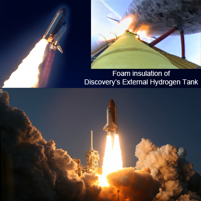 Launch of Shuttle Discovery on 24 Feb 2011 and foam particles liberated from liquid hydrogen tank. NASA, 2011.