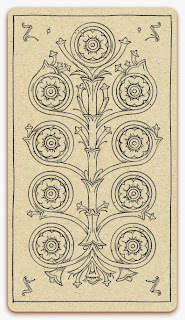 Nine of Coins card - inked illustration - In the spirit of the Marseille tarot - minor arcana - design and illustration by Cesare Asaro - Curio & Co. (Curio and Co. OG - www.curioandco.com)