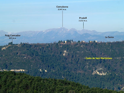Les cases situades sobre la Costa de Sant Bartomeu i al fons el Comabona i la Serra del Cadí Les cases situades sobre la Costa de Sant Bartomeu i al fons el Comabona i la Serra del Cadí