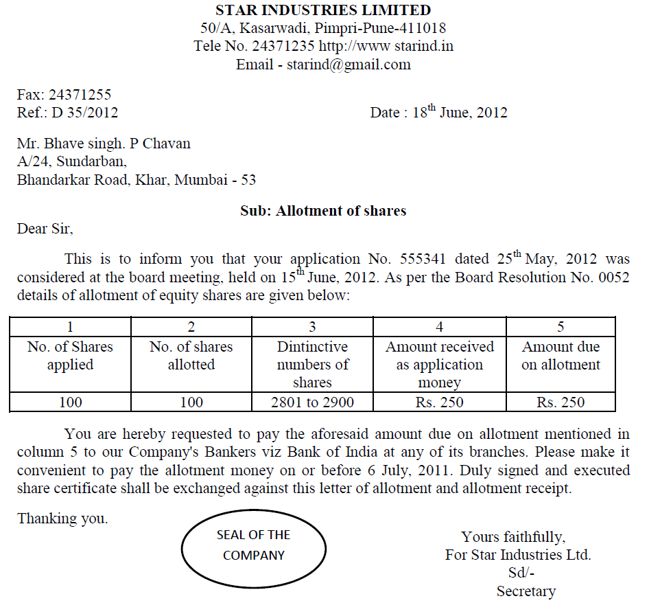 OMTEX CLASSES SHARE ALLOTMENT LETTER