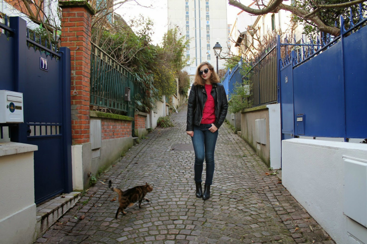 Fuschia sweater, leather jacket and vintage sunglasses