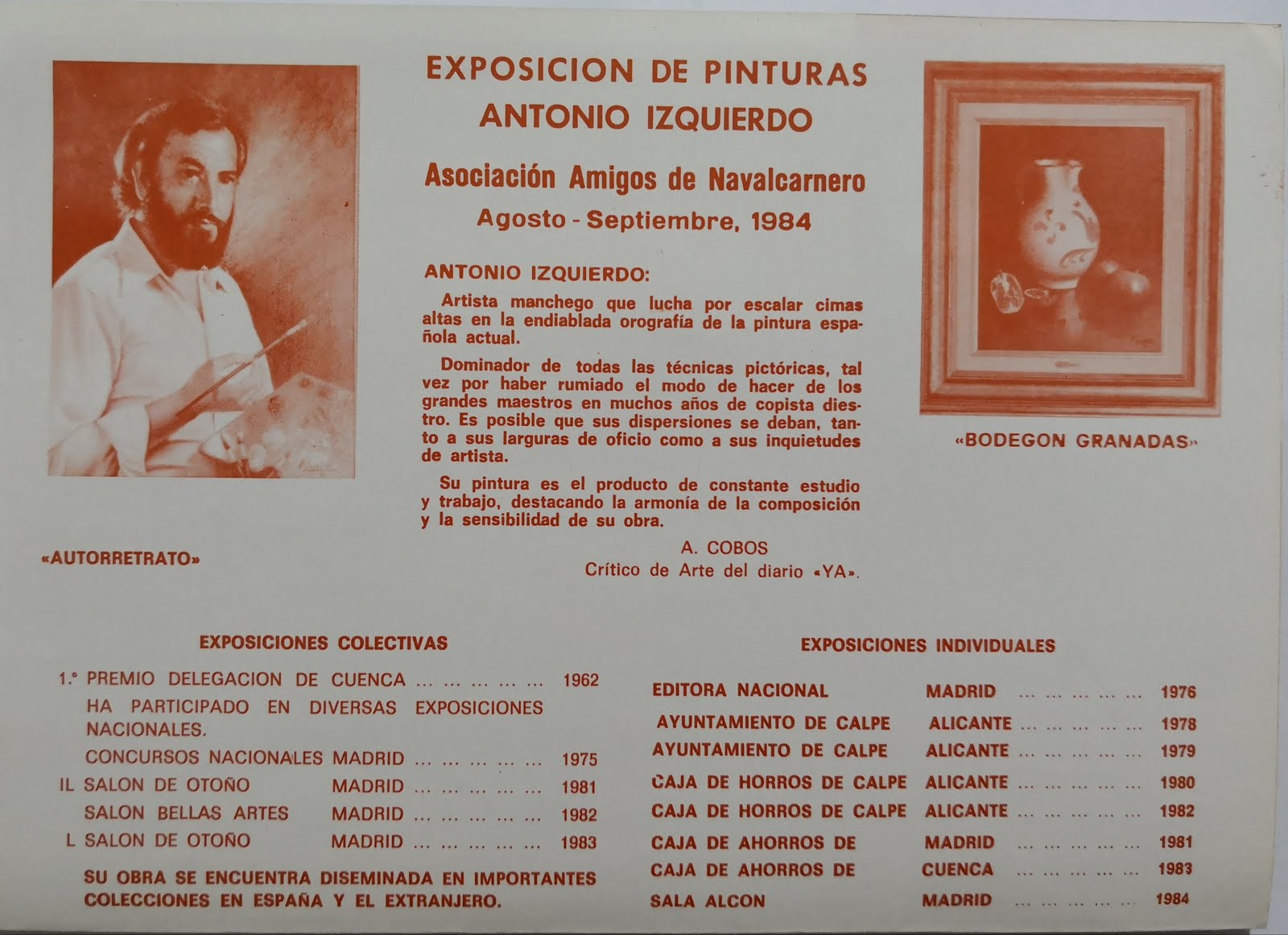 EXPOSICIÓN DE PINTURAS A. IZQUIERDO NAVALCARNERO MADRID 1984