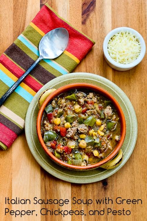 SEOVIET Italian Sausage Soup with Green Pepper, Chickpeas, and Pesto