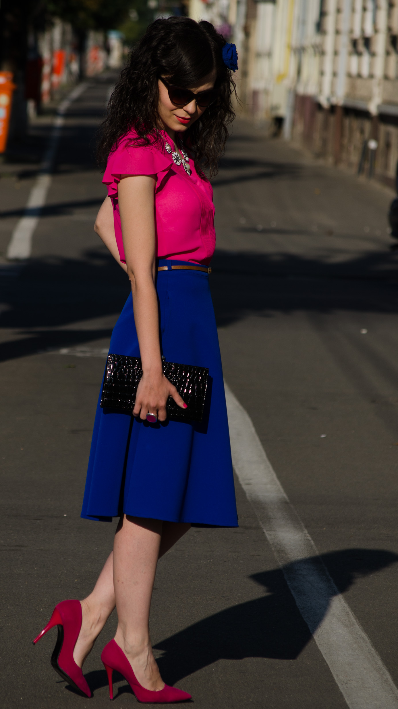 wedding attire cobalt blue skirt bright orchid shirt H&M fuchsia heels statement necklace