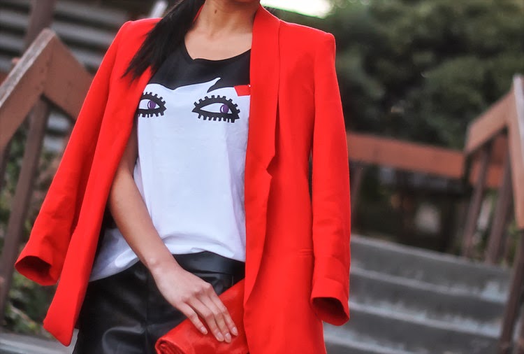 red blazer leather shorts graphic tee uniqlo lulu guinness
