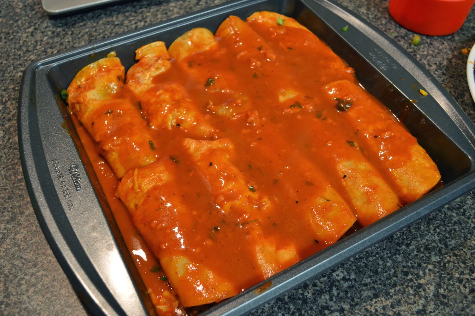 The Hungry Hood Beef Enchiladas with Red Sauce