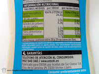 Información nutricional de la salsa ligera (tipo mayonesa light) Eroski Sannia, fabricada por Aceites del Sur-Coosur en Vilches (Jaén).