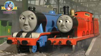 Thomas the train & friends Gordon and James the really splendid red locomotive both look worried