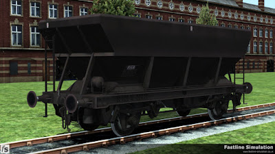 Fastline Simulation: Maroon liveried HEA coal hopper recoded as an RNA barrier wagon.