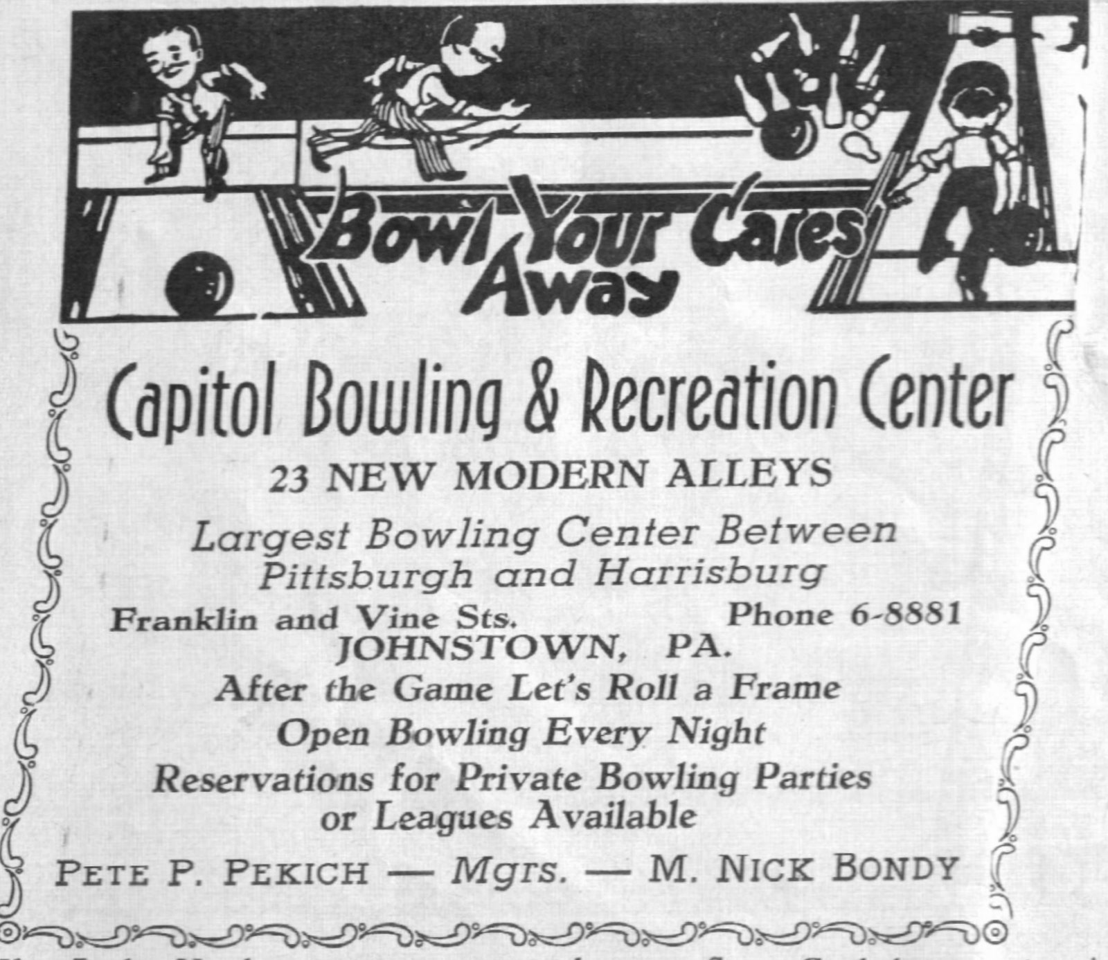 Vintage Johnstown Capitol Bowling Bowl Your Cares Away