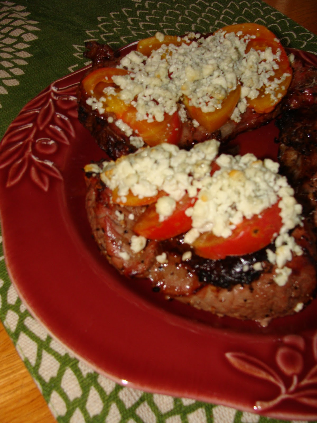 Just Cooking Crumbled Blue Cheese and Tomato Topped Fillet Mignon