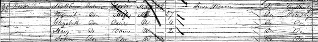 Very badly scratched image of 1851 census return for Nook, Barnsley. Matthew Bulmer, wife Harriet and three children.