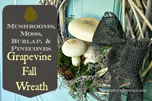 Fall Autumn Wreath: Woodsy Burlap Mushroom Moss and Pinecones #diy #fall #wreath