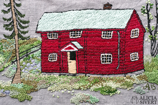 "Farfarstugan" (detail), embroidery by Alicia Sivertsson, 2015. "Farfarstugan" (detail), embroidery by Alicia Sivertsson, 2015. Alicia Sivert, aliciasivert, fritt broderi, needlework, hoop art, textile art, textilkonst, textil, konst, hus, hem, byggnad, house, 1700-tal, natur, sverige, fjällen, kreativitet, skapande, skapa, brodera, hantverk, franska knutar, french knots, röd stuga, stugor, house, home, hut, cabin