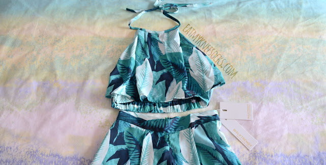 WalkTrendy Fashion Review: Leaf-Print 2-Piece Set WalkTrendy's leaf-print 2-piece set includes a teal-green backless halter crop top and flowy skort set.