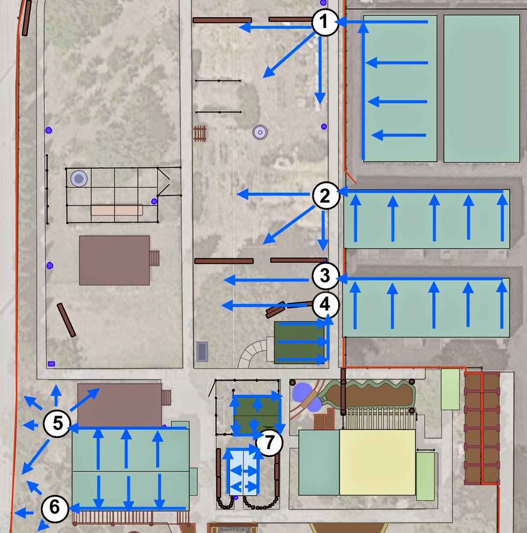 the blue arrows overlaid on the roofs of the various structures represent the slopes of these surfaces the general direction of water flow to gutters and the blue arrows overlaid on the roofs of the various structures represent the slopes of these surfaces the general direction of water flow to gutters and