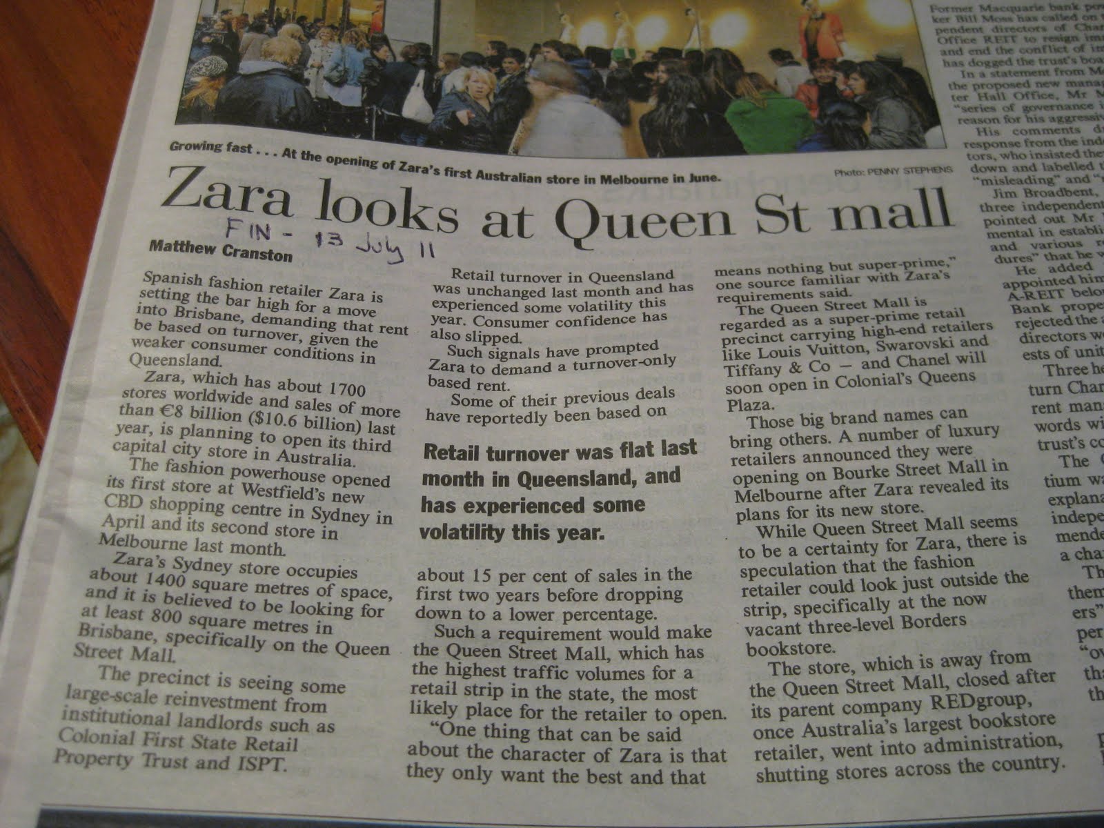 ... has reported that Zara is now looking to open a store in Queensland