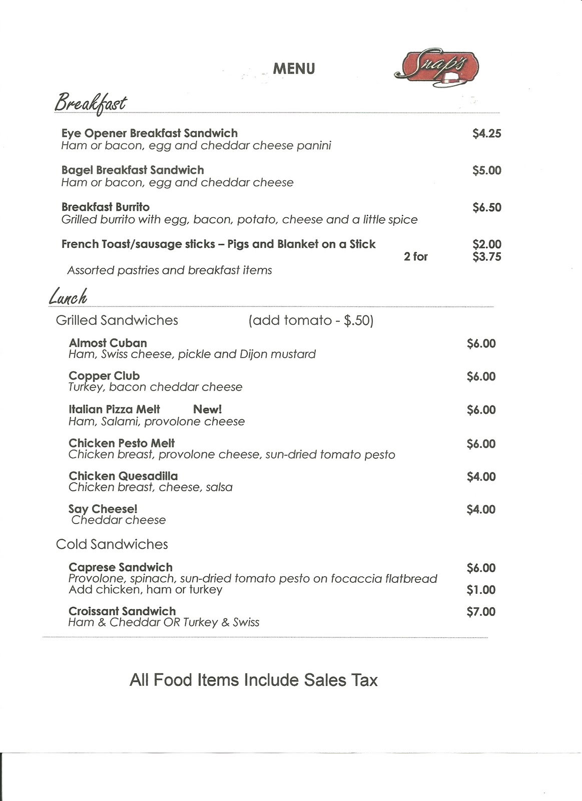 Snaps Coffee House Cafe Menu