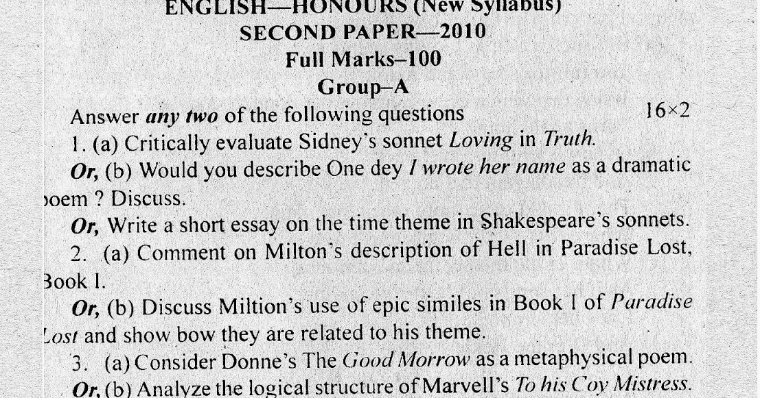 C.U. English Honours Question Paper 2010 [Second Paper] The Wise