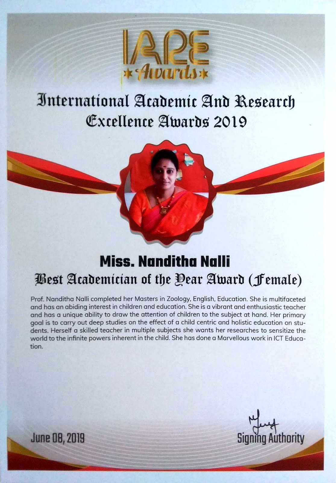 RECEIVED “INTERNATIONAL ACADEMIC AND RESEARCH EXCELLENCE AWARD (IARE 2019)